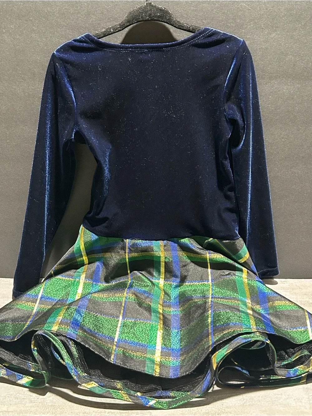 Bonnie Jean Navy Velvet Top with Green Plaid Skirt & Gold Bow